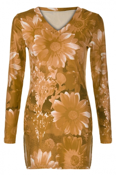 Womens Chic Floral Plants Print V-Neck Half Sleeve Split Side Slim Tunic T-Shirt