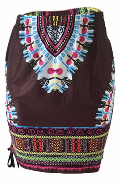 Womens Holiday Fashion Brown Tribal Printed Drawstring Side Mini Fitted Skirt