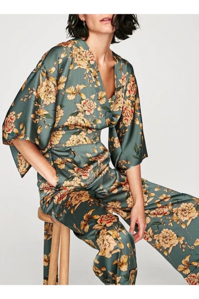 floral print plunge kimono dress