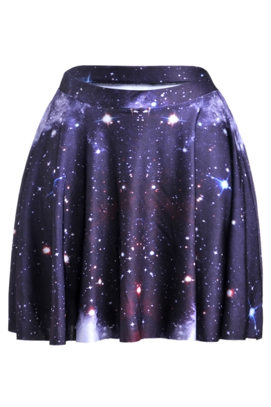 Womens Hot Fashion High Waist Purple Galaxy Print Pleated Mini Skater Skirt