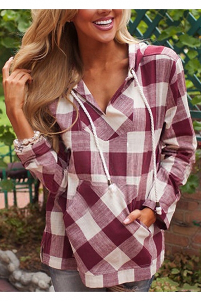 Womens Hot Popular Classic Check Printed V-Neck Long Sleeve Hooded Blouse Top