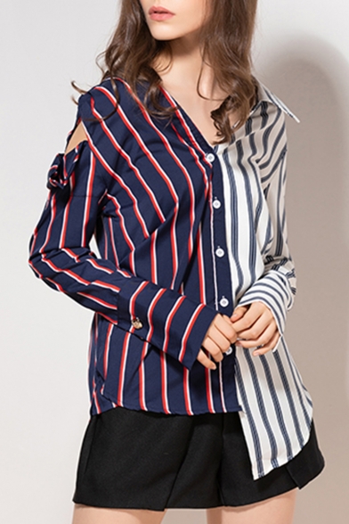 Womens Hot Popular Patch Striped Print V Neck Cutout Button Front Long Sleeve Asymmetric Hem Casual Loose Shirts