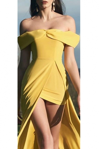 Womens Hot Stylish Off Shoulder Yellow High Waist Strapless Elegant Evening Dress