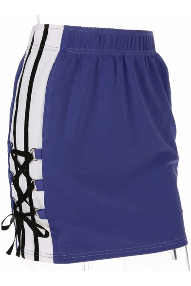 Womens Hot Trendy Purple Elastic Waist Lace Up Striped Side Mini Skirt