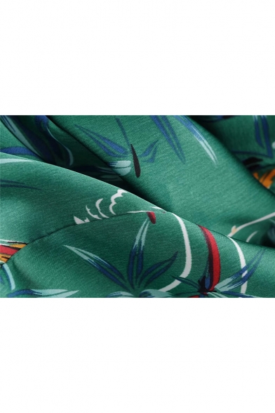 Womens Hot Trendy Straps V Neck Sleeveless Tie Shoulder Phoenix Plum Blossom Printed Green Jumpsuits