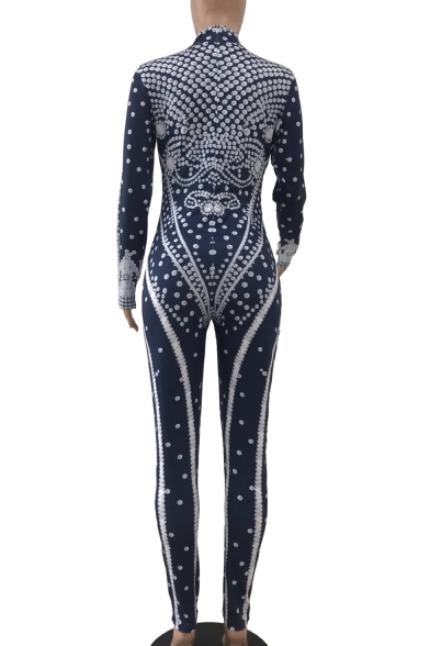 Womens New Arrival Hot Popular Long Sleeve Beading Printed Stretch Skinny Fitted Jumpsuits
