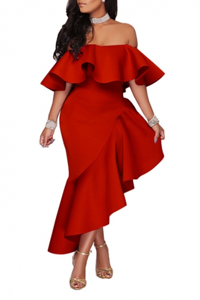 Womens New Stylish Solid Color Sexy Off the Shoulder Ruffled Hem Maxi Evening Dress