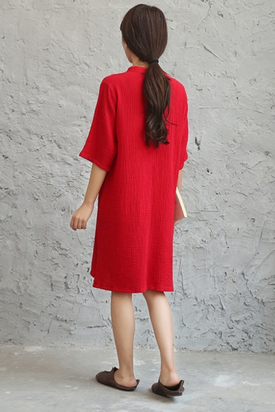 Womens Retro Chinese Style Frog Button Front Round Neck Half Sleeve Split Side Midi Linen Dress