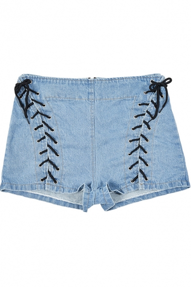Womens Sexy Night Club High Rise Hollow Lace-Up Front Blue Hot Pants Denim Shorts