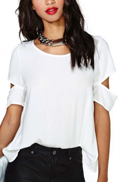 Womens Simple PLain Hollow Out Sleeve White Chiffon T-Shirt Top
