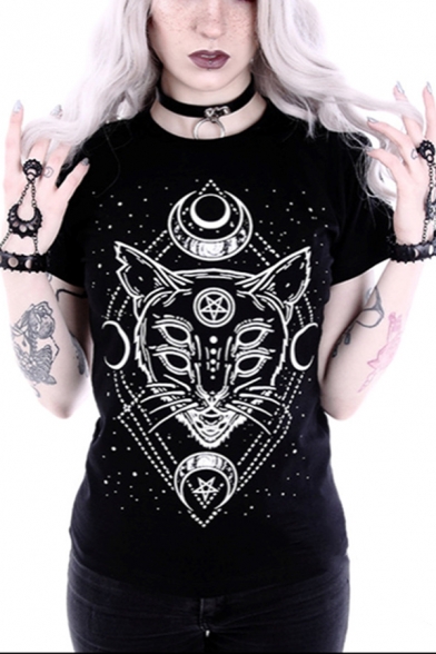 

Womens Street Style Cool Moon Star Wolf Printed Short Sleeve Black Tee, LM545188