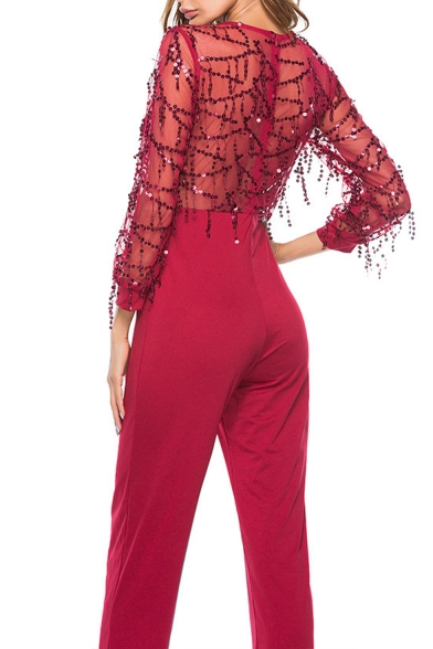 Womens Stylish Plain Sheer Mesh Patch Sleeve V Neck Sequin Embellished Fitted Jumpsuits