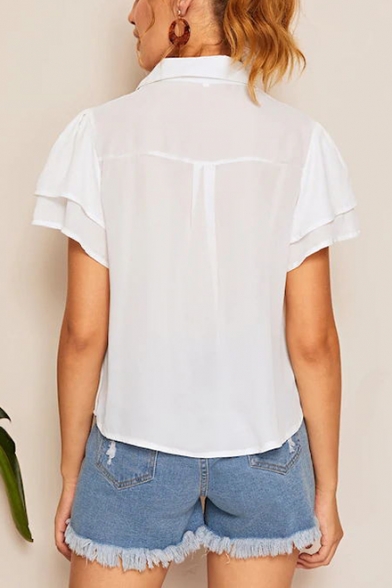 Womens Summer Fashion Plain White Flutter Short Sleeve Button Down Chiffon Shirt
