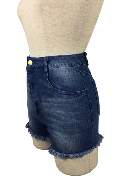 Womens Summer Hot Popular High Rise Frayed Hem Slim Blue Hot Pants Denim Shorts