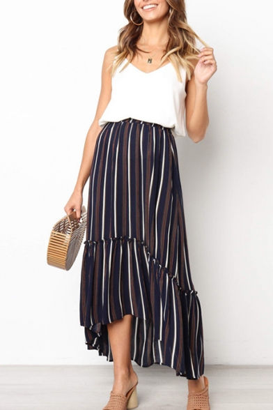 Womens Summer Trendy Navy Vertical Striped Print Maxi Pleated Skirt