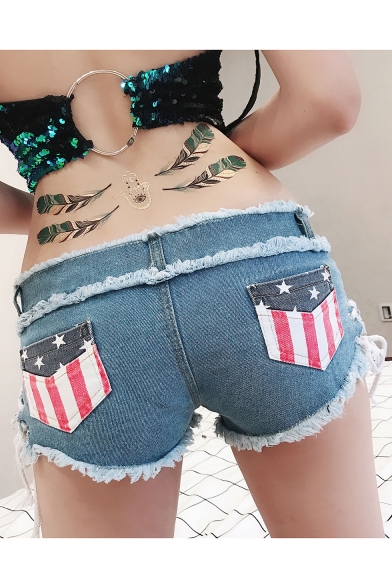 Womens Summer Unique Flag Pocket Back Sexy Lace-Up Side Fringed Hem Skinny Fit Hot Pants Denim Shorts