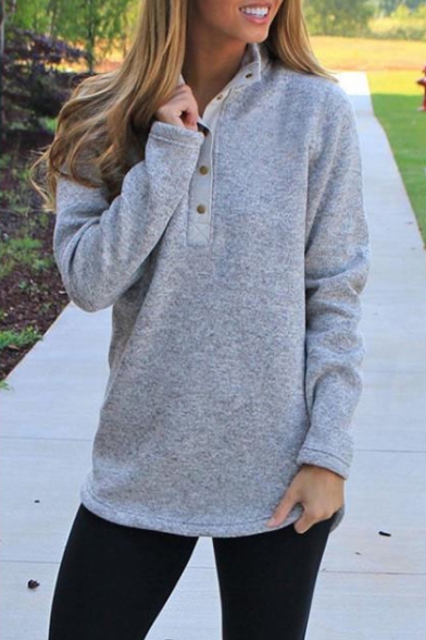 Womens Trendy Button Stand Collar Long Sleeve Simple Plain Loose Sweatshirt