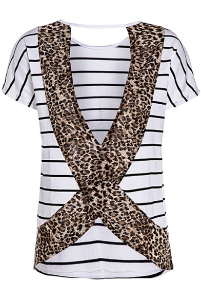 Womens Trendy Leopard Camo Print Open Back Round Neck Short Sleeve White Striped T-Shirt
