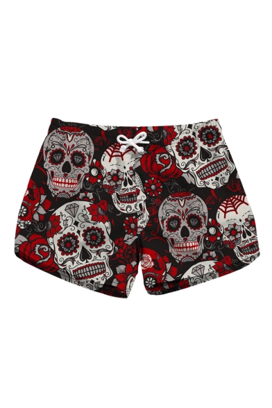 Womens Trendy Red Floral Skull Printed Casual Loose Beach Shorts Swimwear