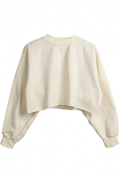 Womens Trendy Simple Plain High Neck Long Sleeve Casual Cropped Sweatshirt
