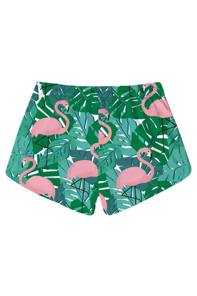 Womens Trendy Tropical Flamingo Printed Drawstring Waist Quick Dry Green Beach Shorts