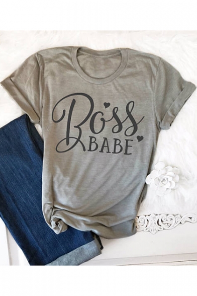 BOSS BABE Simple Heart Letter Round Neck Short Sleeve Casual Tee