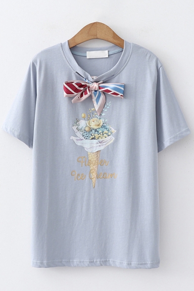 Chic Bow-Tied Round Neck Short Sleeve Floral Ice Cream Print Cotton T-Shirt