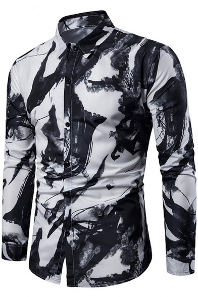 Chinese Style Ink and Wash Painting Mens Long Sleeve Fitted Button Shirt