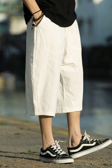 Chinese Style Simple Plain Cropped Linen Wide-Leg Casual Pants for Men