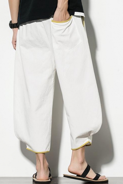Chinese Style Solid Color Contrast Trim Drawstring Waist Cotton and Liner Casual Wide Leg Pants
