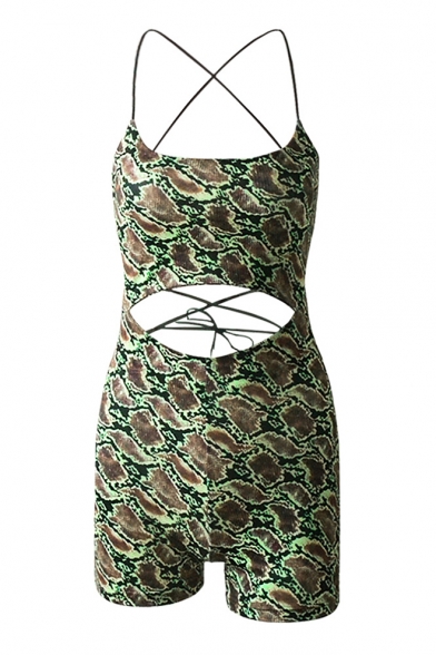 Cool Fashion Snakeskin Printed Straps Hollow Out Sleeveless Crisscross Back Womens Slim Fit Romper