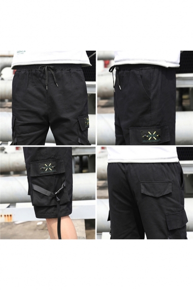 Cool Fashion Solid Color Buckle Strap Design Flap Pocket Drawstring Waist Casual Cotton Cargo Shorts