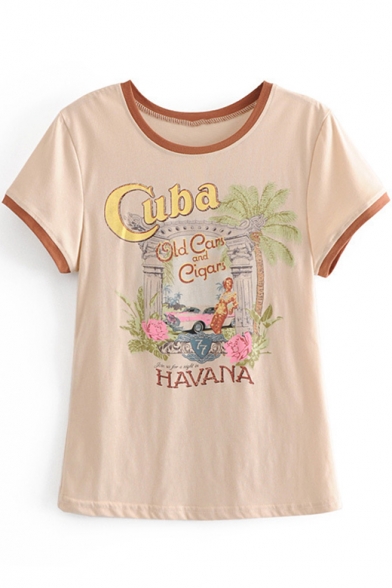 CUBA Tropical Coconut Print Contrast Trim Round Neck Short Sleeve Khaki Tee