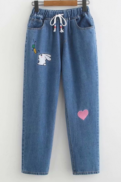 Cute Cartoon Rabbit Heart Embroidery Drawstring Waist Loose Fit Jeans