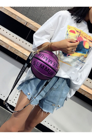 Designer Creative Basketball Shape Letter Printed Round Crossbody Bag with Chain Handle 17*15*17 CM