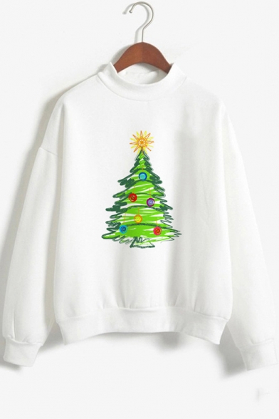 Fancy Christmas Tree Print Mock Neck Long Sleeve White Sweatshirt