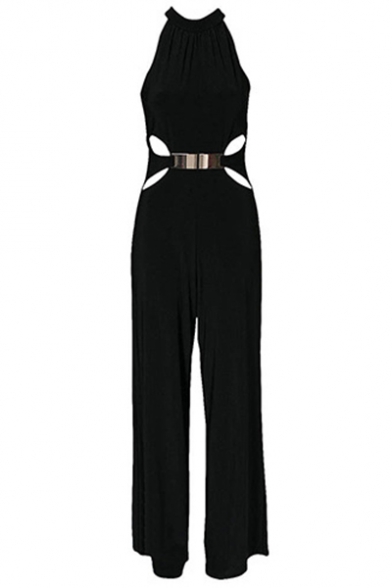 Fancy Fashion Black Halter Neck Metallic Embellished Cutout Waist Wide-Leg Jumpsuit for Women