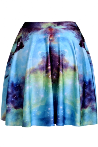 Fancy Turquoise Galaxy Printed High Rise Mini Pleated Skater Skirt