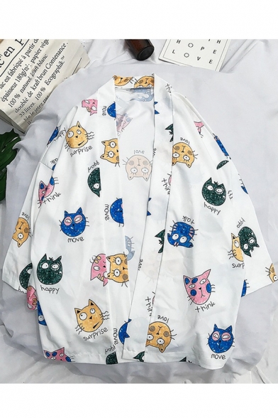 Fashion Allover Cartoon Cat Print Three-Quarter Sleeve Loose Fit Kimono Blouse
