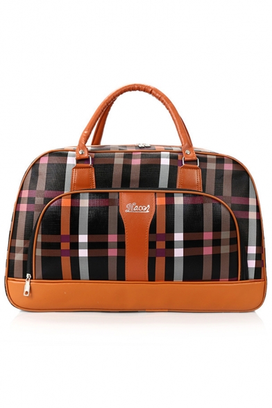 Fashion Classic Colorblock Stripe Plaid Pattern PU Leather Travel Handbag 50*21*32 CM