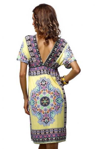 Fashion Ethnic Style Tribal Printed Plunging V-Neck Short Sleeve Midi Sheath Beach Dress
