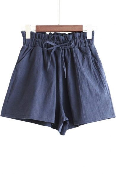 Fashion Plain Drawstring High Waist Summer Loose Casual Paperbag Shorts