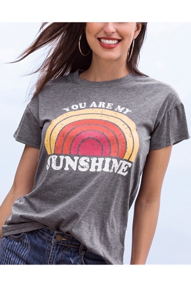 Fashion Rainbow Letter YOU ARE MY SUNSHINE Printed Round Neck Short Sleeve Grey Tee