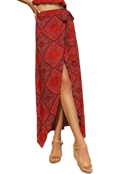 Fashion Summer Holiday Tribal Printed High Rise Maxi Beach Red Wrap Skirt