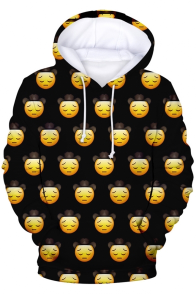 Funny Allover Cartoon Sad Face Emoji Printed Long Sleeve Loose Sport Hoodie
