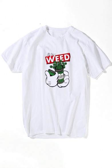 Funny Cartoon Weed Pattern Round Neck Short Sleeve White Casual Tee