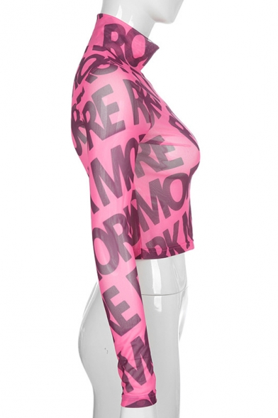 Girls Cool Street Fashion Allover Letter MORE Print Mock Neck Long Sleeve Pink Slim Sheer Mesh Crop Tee