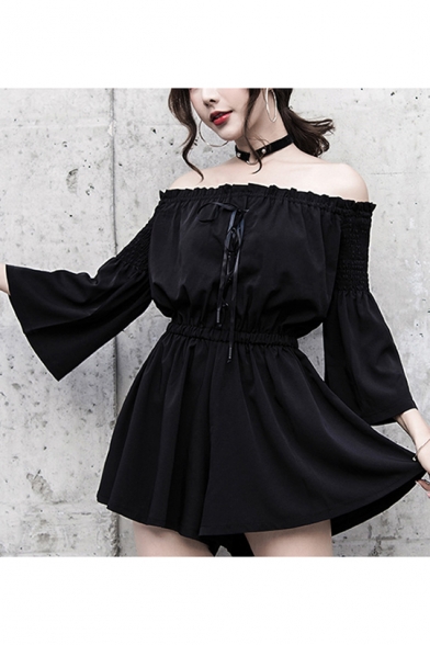 Girls Cool Street Style Off the Shoulder Bell Sleeve Plain Casual Loose Rompers
