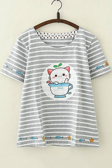 Girls Lovely Cartoon Cat Print Basic Round Neck Short Sleeve T-Shirt