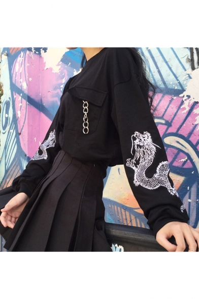 Girls Retro Dragon Embroidery Long Sleeve Crewneck Chain Pocket Loose Fit Sweatshirt